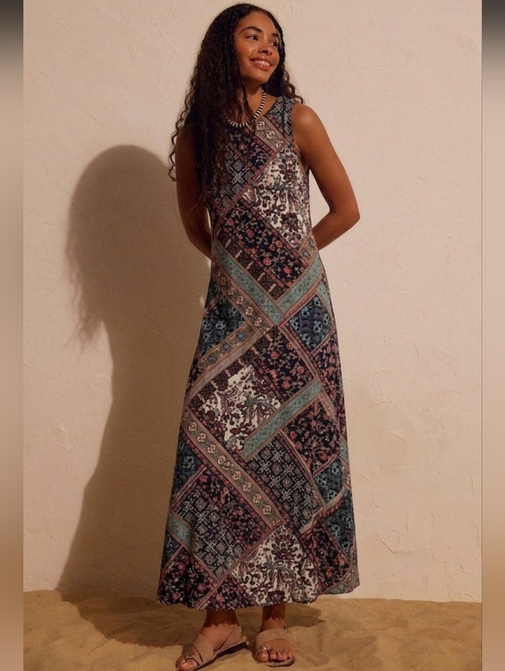 J.Jill Petite Large Sleeveless Maxi Dress Boho Patchwork Print Pockets Artsy